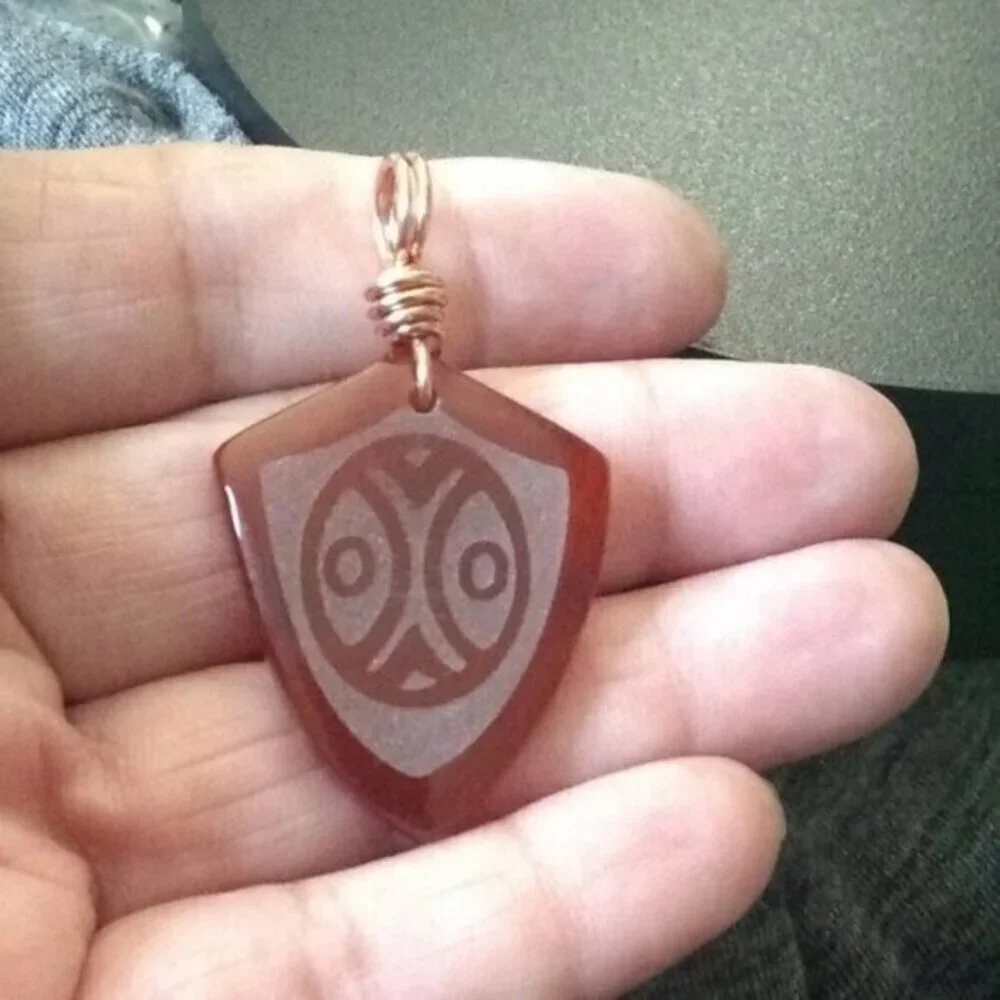 Masculine Russet Brown Agate Shield Pendant - Etched Tribal Design
